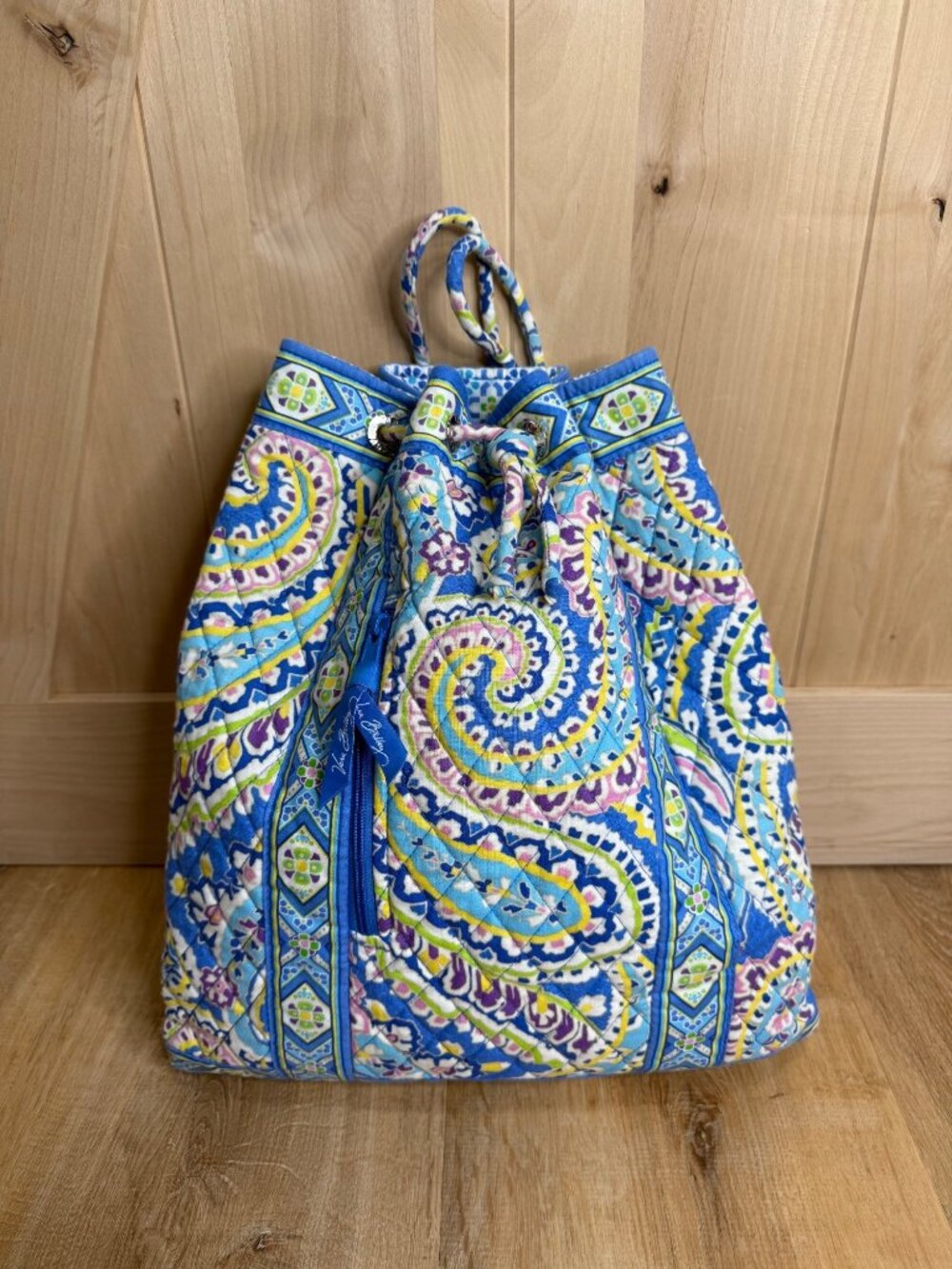 Vera Bradley Paisley Cotton Quilted Drawstring Backpack In Blue & Yellow Pattern